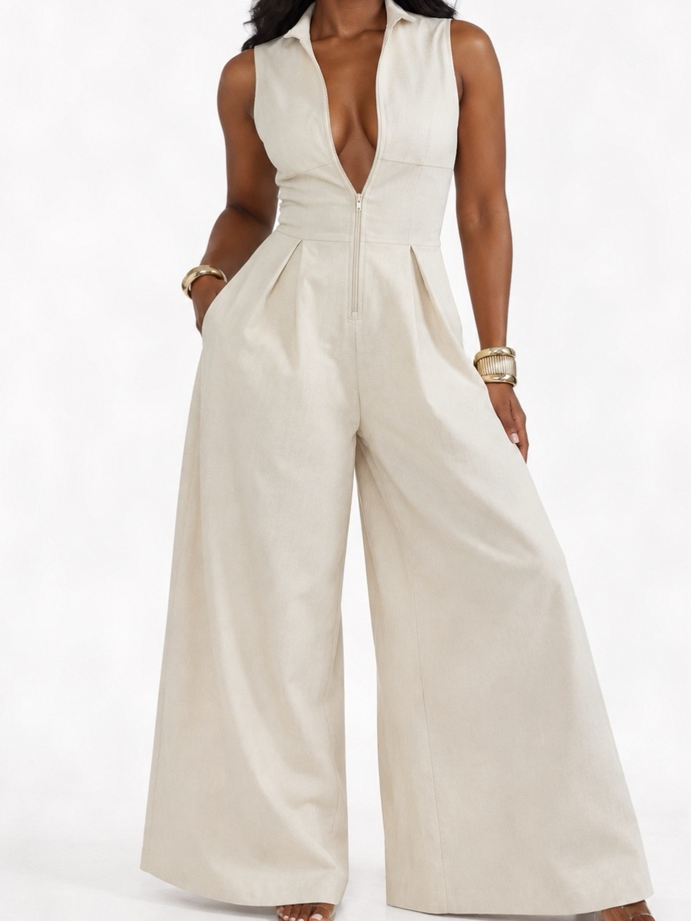 Verdusa Ivory Sleeveless Wide-Leg Jumpsuit